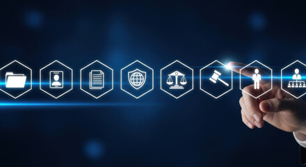 A finger touches holographic icons on a blue background, representing law, business, and regulation in a digital and innovative concept for corporate governance.