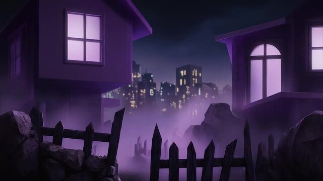 A stylized dusk scene features two houses, a fence, and a distant city. Purple hues dominate