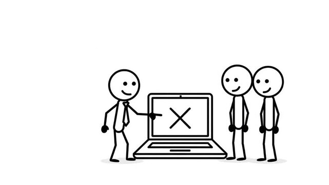 A Cheerful Stick Figure Offers Assistance to Colleagues Facing a Laptop Problem with a Red Cross Display Showing a Solution with a Green Check Mark and Thumbs