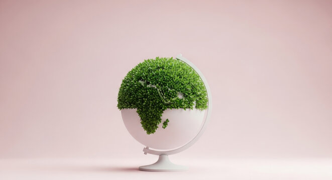 A white globe covered in green leaves against a light pink background symbolizes environmental protection, ecological awareness, and the importance of sustainable living.