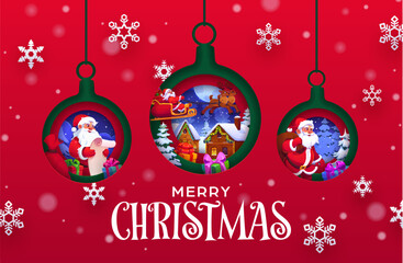 Naklejka premium Paper cut Christmas decoration balls on greeting card for winter holiday, cartoon vector. Merry Christmas greetings, Santa flying on sleigh with gifts bag over village town in paper cut baubles