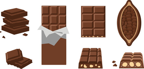 Chocolate and cocoa illustration set with bars, beans, pods, and nuts for dessert, culinary, and educational design themes