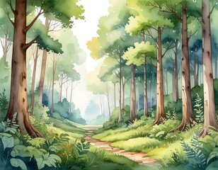 Watercolor painting of a sunlit forest trail with tall trees
