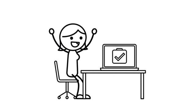 Cartoon Stick Figure Woman Updates App Version on Laptop at Desk with Chair Celebrating Success White Background Simple Animation