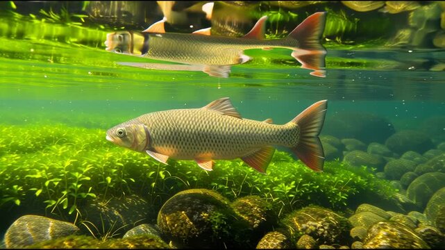 Gliding Fish in Clear Freshwater Stream Over Rocks