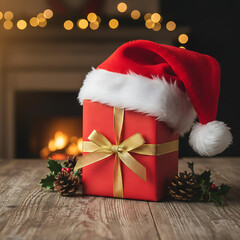 Cozy Christmas Present Beside Fireplace with Santa Hat