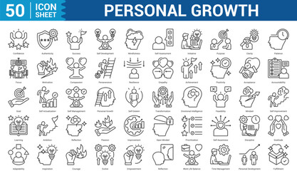 Personal Growth icon set. confidence, authenticity, success, self development, mindfulness, self assessment, initiative, purpose, and more. Eps 10