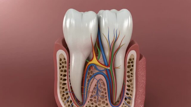 the detailed structure of a human tooth, showcasing enamel, dentin, pulp cavity, and root structure in perfect anatomical clarity