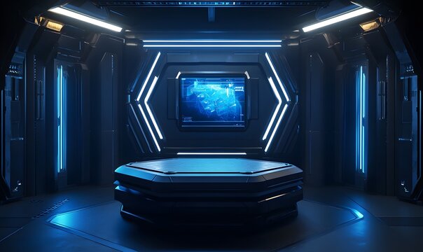 Futuristic spaceship control room interior with glowing blue neon lights and central console - Powered by Adobe