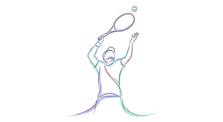 Dynamic tennis player poised for powerful serve in vibrant line art