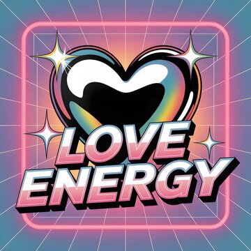 Modern love energy text design with heart shape and grid background