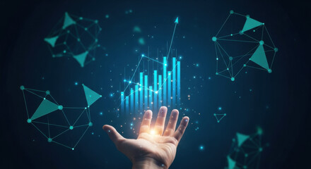 A hand presents a luminous blue bar graph, surrounded by glowing geometric shapes in a dark setting, symbolizing data analysis and business growth.