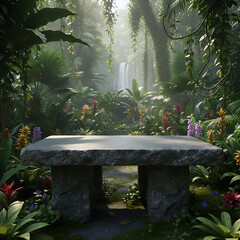 Jungle Ruin Stone Bench Surrounded by Exotic Plants