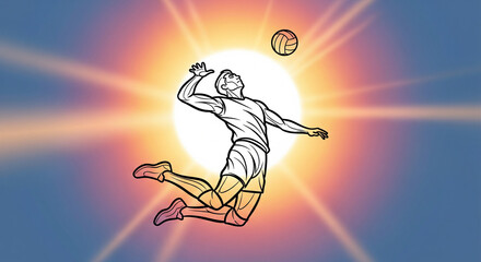 Volleyball player jumping to spike the ball under a bright sun