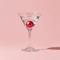 A chic cocktail with a red sphere in a clear martini glass, stylishly simple.