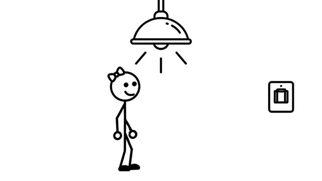 Simple Line Art Animation Of A Cartoon Stick Figure Girl With A Bow In Her Hair Walking Towards A Light Switch To Turn Off The Room Light In A Minimalist