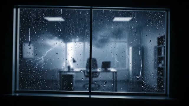 Rainy day at the office, lightning outside the window, workspace