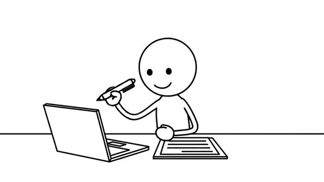 Simple Line Drawing Of A Smiling Cartoon Stickman Character Writing On A Paper Worksheet With A Laptop Computer On A White Background