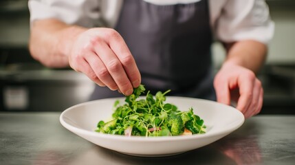 A chef delicately garnishes a vibrant salad with fresh greens, showcasing culinary artistry in a professional kitchen setting.