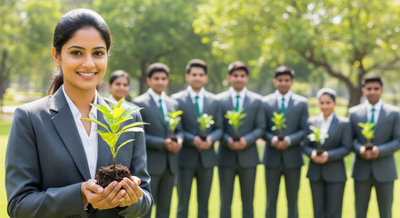 A smiling young businesswoman in a suit stands in a green park holding a small plant, with her team behind her