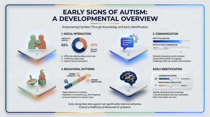 Early signs of autism infographic with developmental overview of social interaction, communication, behavior patterns and screening recommendations
