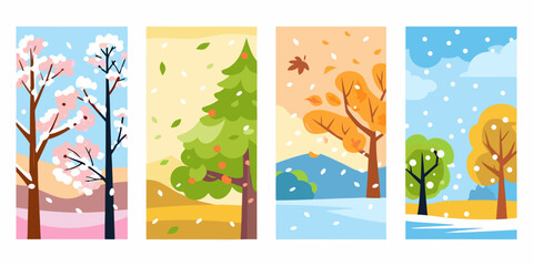 Four vertical panels depicting trees through the changing seasons of the year