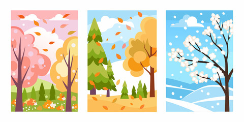 Illustrative depiction of four distinct seasonal landscapes with trees and weather