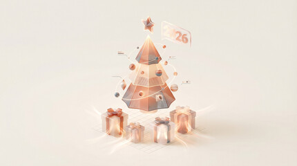 Futuristic 3D Christmas tree with glowing ornaments and gift boxes for 2026 holiday background