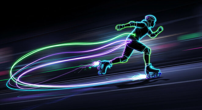 Neon rollerblader speeds forward leaving a vibrant light trail