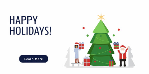 Festive holiday illustration featuring a christmas tree gifts and santa claus