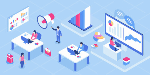Isometric illustration of data analysis marketing strategy and team collaboration in office