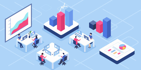 Isometric office scene depicting data analysis teamwork and modern workplace concepts