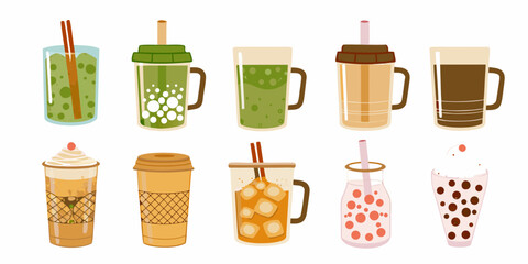 A colorful collection of various bubble tea and iced beverage illustrations