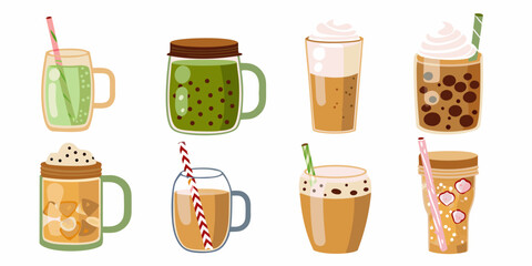 A colorful collection of different iced beverages in glass jars and cups
