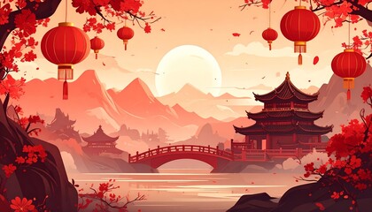 Chinese style red background with lanterns and abstract flowers