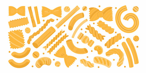 A colorful arrangement of various pasta shapes on a white background