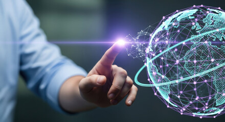 A hand touches a digital globe displaying a network of interconnected particles and lines, set against a dark blue backdrop symbolizing global connection and technology.