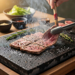 Preparing Grilled Meat on Heated Stone Surface