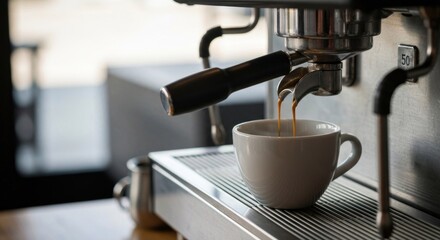 Espresso machine pouring coffee into a white cup
