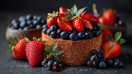 Delicious Rustic Berry Cake Topped with Fresh Strawberries and Blueberries