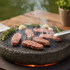 Savory Meat Cooking on Hot Stone Grill Outdoors