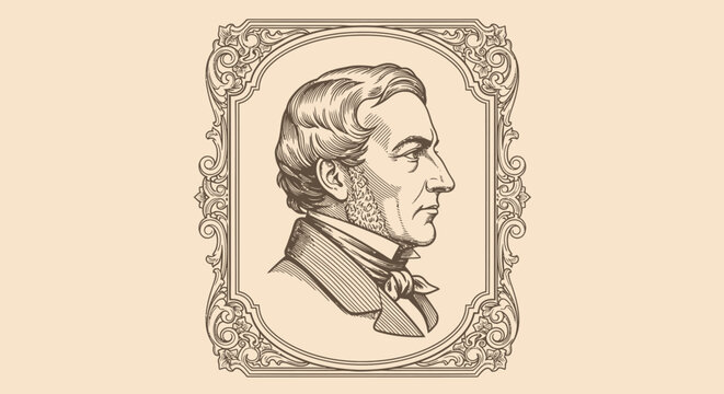 A vintage, sepia-toned engraved style portrait of a distinguished gentleman from the 19th century in a decorative frame.
