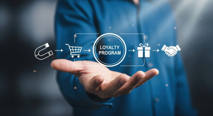 A hand displaying a digital loyalty program interface with related icons, set against a dark blue backdrop, representing modern business marketing strategy.