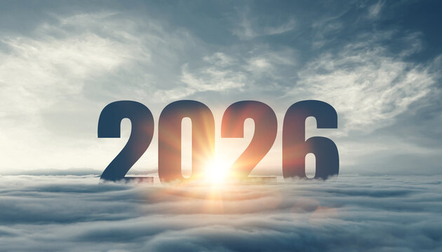 Silhouette of number 2026 on blue cloud, shiny design to celebrate happy new year. Mountain top and the beginning of the new year 2026. Black silhouette of year 2026, in the morning during sunrise