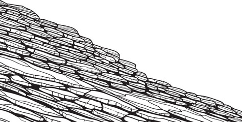 Black and white abstract pattern of stacked, irregular shapes