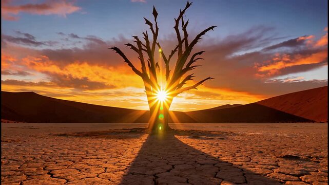 Dramatic desert sunset silhouetting a dead tree with stark cracked earth and vibrant sky