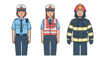 Cartoon illustration of essential public service professionals: female police officer, traffic warden, and male firefighter