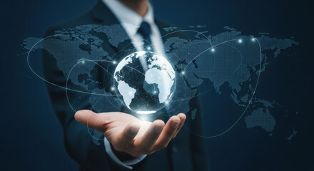 A man in a suit presents a holographic globe on his palm with a blue world map backdrop illustrating global technology and connectivity.