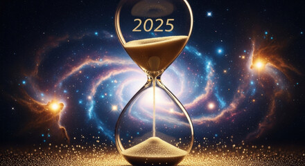 Golden sand flowing in an hourglass displaying 2025, set against a nebula backdrop with glimmering particle effects, creating a futuristic space concept.