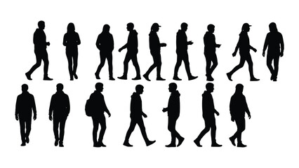 a collection of human figures in various walking and standing poses depicted as a stark black silhouette